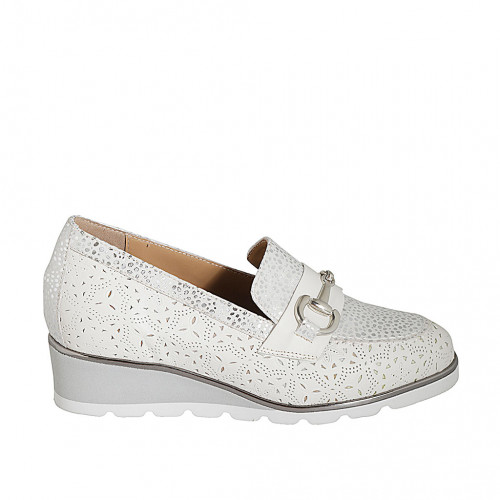 Woman's moccasin with accessory and removable insole in silver printed white suede wedge heel 4 - Available sizes:  31, 34, 44, 45
