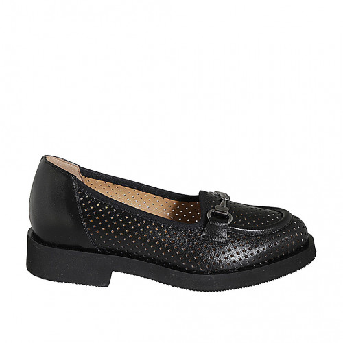 Woman's moccasin shoe with accessory and removable insole in black pierced leather heel 3 - Available sizes:  31, 33, 34, 42, 44, 45