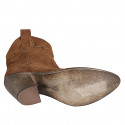 Woman's Texan ankle boot with zipper and embroidery in cognac brown suede heel 8 - Available sizes:  43
