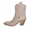 Woman's Texan ankle boot with zipper and embroidery in sand beige suede heel 8 - Available sizes:  43, 44