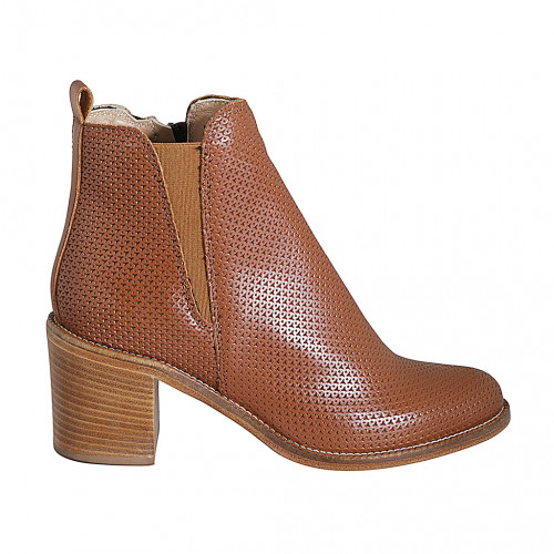 Woman's ankle boot with zipper and elastic band in cognac brown pierced leather heel 7 - Available sizes:  34, 43, 44, 45, 46