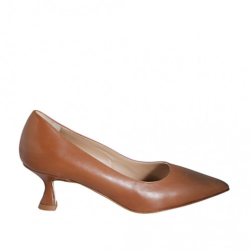 Zapato de salon puntiagudo en piel cognac para mujer con tacon 5 - Tallas disponibles:  33, 34, 42, 43, 44, 45, 46