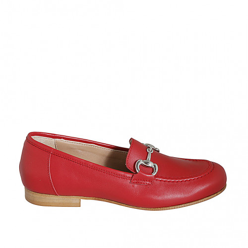 Woman's mocassin with accessory in red leather heel 2 - Available sizes:  33, 34, 43, 44, 45, 46