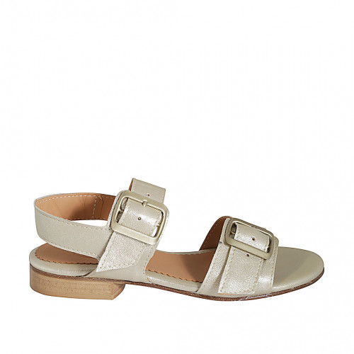 Sandalia para mujer con hebillas ajustables en piel lamé platine tacon 2 - Tallas disponibles:  32, 33, 34, 42, 43, 44, 45, 46