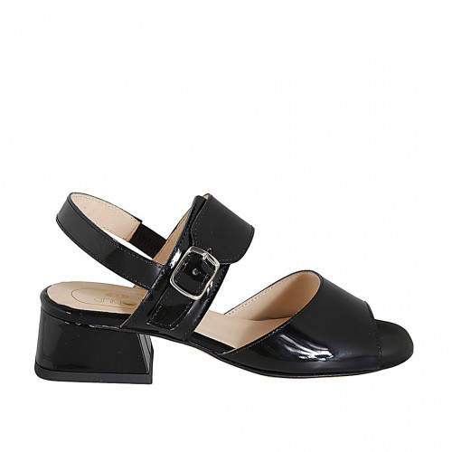 Woman's sandal with elastic and buckle in black patent leather heel 4 - Available sizes:  32, 33, 34, 43, 44, 45