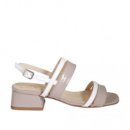 Woman's sandal in rose grey and white patent leather heel 4 - Available sizes:  32, 33, 34, 43, 44, 45