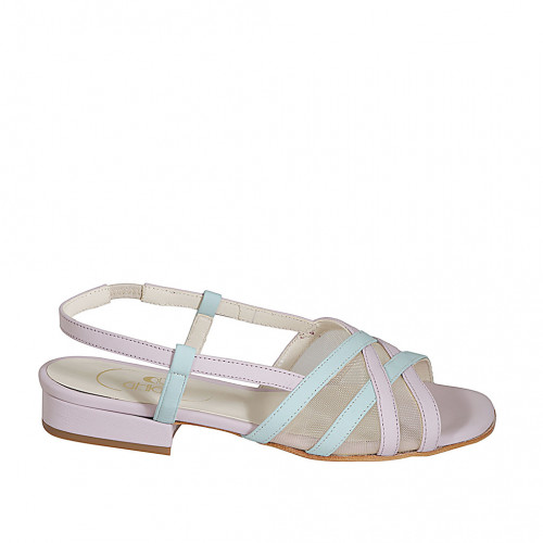 Woman's sandal in rose and light blue leather with fabric and elastic band heel 2 - Available sizes:  32, 33, 34, 42, 43, 44, 45, 46