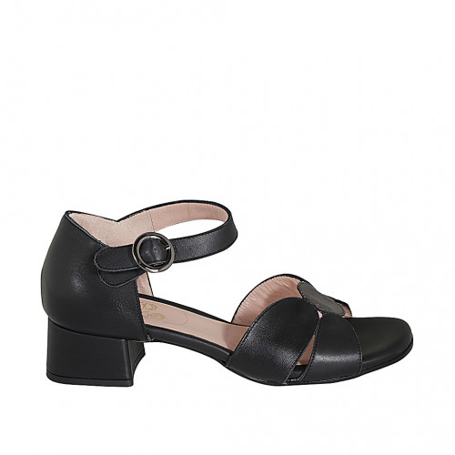 Zapato abierto con cinturon para mujer en piel negra y gris tacon 4 - Tallas disponibles:  32, 33, 34, 42, 43, 44, 45