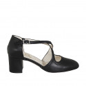 Woman's open shoe with crossed strap and elastic band in black leather heel 6 - Available sizes:  33, 34, 42, 43, 44, 45, 46