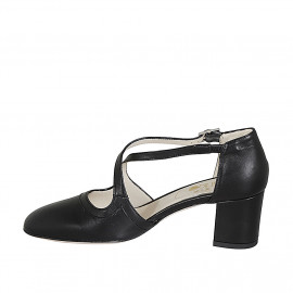 Woman's open shoe with crossed strap and elastic band in black leather heel 6 - Available sizes:  44 2