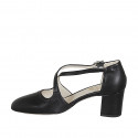 Woman's open shoe with crossed strap and elastic band in black leather heel 6 - Available sizes:  33, 34, 42, 43, 44, 45, 46