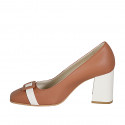 Woman's pump in cognac brown and light beige leather heel 8 - Available sizes:  32, 34, 42, 43