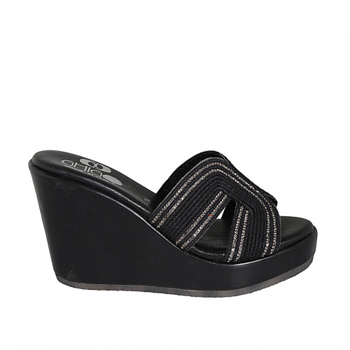 Woman's mules in black rope fabric with rhinestones, platform and wedge heel 9 - Available sizes:  32, 33, 34, 42, 45