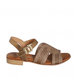 Woman's strap sandal in bronze leather and rope fabric with rhinestones and heel 2 - Available sizes:  32, 42