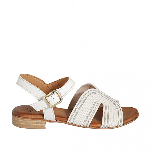 Woman's strap sandal in white leather and rope fabric with rhinestones and heel 2 - Available sizes:  32, 33, 34, 42, 43, 44, 45
