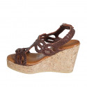 Woman's sandal in brown braided leather with platform and wedge heel 9 - Available sizes:  33, 42, 44