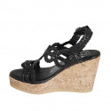 Woman's sandal in black braided leather with platform and wedge heel 9 - Available sizes:  32, 33, 34, 42, 43, 44, 45