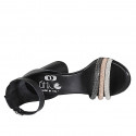 Woman's open shoe in black leather with strap and silver, copper and grey rhinestones heel 7 - Available sizes:  32, 33, 34
