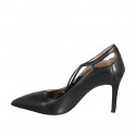 Zapato de salon a punta para mujer con cordones en piel negra tacon 9 - Tallas disponibles:  32, 33, 34, 43, 44, 45, 46