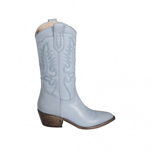 Woman's Texan boot with zipper and embroidery in light blue leather heel 5 - Available sizes:  33, 34, 42, 43, 45