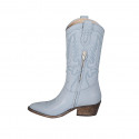 Woman's Texan boot with zipper and embroidery in light blue leather heel 5 - Available sizes:  33, 34, 42, 43, 45