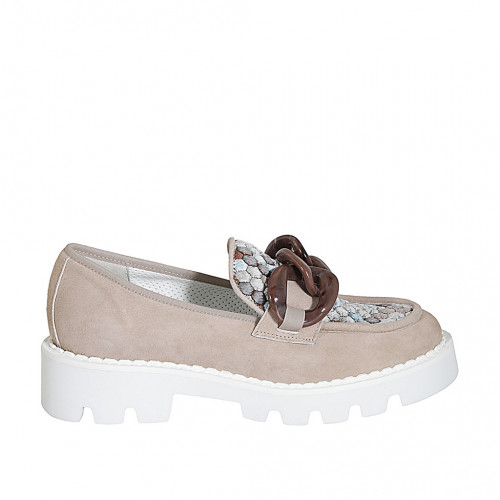 Woman's mocassin with chain in taupe suede and multicolored fabric heel 4 - Available sizes:  32, 33, 34