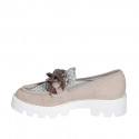 Woman's mocassin with chain in taupe suede and multicolored fabric heel 4 - Available sizes:  32, 33