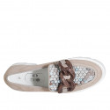 Woman's mocassin with chain in taupe suede and multicolored fabric heel 4 - Available sizes:  32, 33
