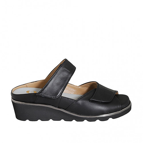 Woman's mules in black leather with velcro and removable insole with wedge heel 4 - Available sizes:  33, 34, 42, 43, 44, 45