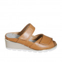 Woman's mules in cognac brown leather with velcro and removable insole wedge heel 5 - Available sizes:  32, 33, 34, 42, 43, 44, 45