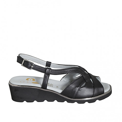 Woman's sandal in black leather with elastic band and wedge heel 4 - Available sizes:  32, 33, 34, 42, 43, 44, 45