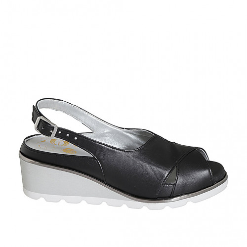 Woman's sandal with removable insole in black leather wedge heel 5 - Available sizes:  32, 33, 34, 42, 45