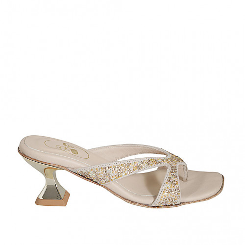Woman's thong mules with multicolored crystal rhinestones in taupe suede heel 6 - Available sizes:  32, 34, 42