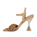 Sandale avec courroie et strass en cristal multicouleur pour femmes en cuir cognac talon 10 - Pointures disponibles:  34, 42, 43, 46