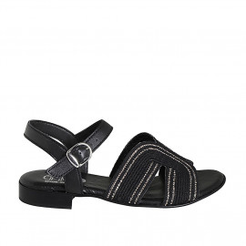 Woman's strap sandal in black leather and rope fabric with rhinestones and heel 2 - Available sizes:  32, 42