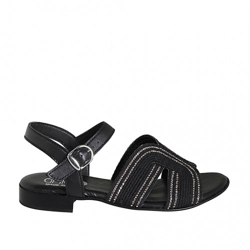 Sandale pour femmes en cuir et tissu corde noir avec courroie, strass et talon 2 - Pointures disponibles:  32, 34, 42, 43, 44