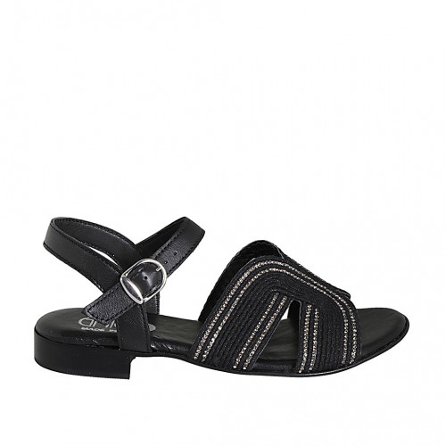 Woman's strap sandal in black leather and rope fabric with rhinestones and heel 2 - Available sizes:  32, 42