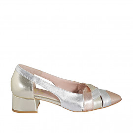 Woman's pointy pump with sidecuts in laminated platinum, silver and copper leather heel 4 - Available sizes:  44
