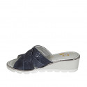 Woman's mule in blue leather and blue printed suede wedge heel 5 - Available sizes:  33, 34, 42, 43, 44, 45