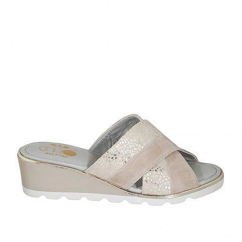Mule pour femmes en daim taupe et daim beige imprimé platine talon compensé 5 - Pointures disponibles:  42, 43, 44