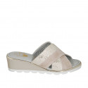Woman's mule in taupe suede and platinum printed beige suede wedge heel 5 - Available sizes:  33, 34, 42, 43, 44, 45