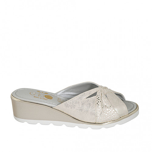 Mule pour femmes en daim beige et daim imprimé platine talon compensé 5 - Pointures disponibles:  42, 44, 45