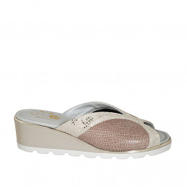 Woman's mule in platinum printed beige suede and light brown printed leather wedge heel 5 - Available sizes:  32, 45