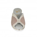Woman's mule in platinum printed beige suede and light brown printed leather wedge heel 5 - Available sizes:  32, 33, 34, 43, 44, 45