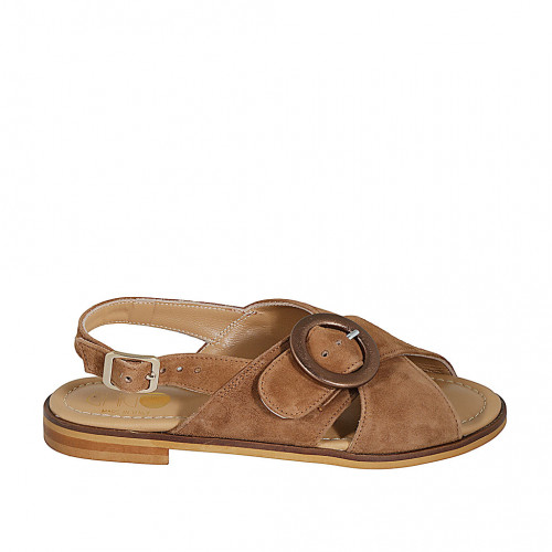 Sandale pour femmes avec boucle régolable en daim cognac talon 2 - Pointures disponibles:  32, 33, 34, 44, 45