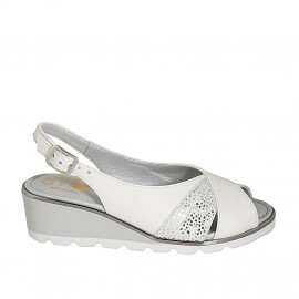 Woman's sandal with low-cut in white leather and grey printed suede wedge heel 5 - Available sizes: 33