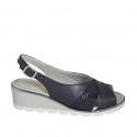 Woman's sandal with low-cut in blue leather and blue printed suede wedge heel 5 - Available sizes:  32, 33, 34, 44, 45