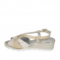 Woman's sandal in beige leather and platinum printed suede with elastic band and wedge heel 5 - Available sizes:  32, 33, 34, 42, 43, 44, 45
