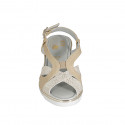 Woman's sandal in beige leather and platinum printed suede with elastic band and wedge heel 5 - Available sizes:  32, 33, 34, 42, 43, 44, 45