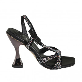 Woman's strap sandal with multicolored crystal rhinestones in black suede heel 10 - Available sizes: 32, 34, 42, 43, 46